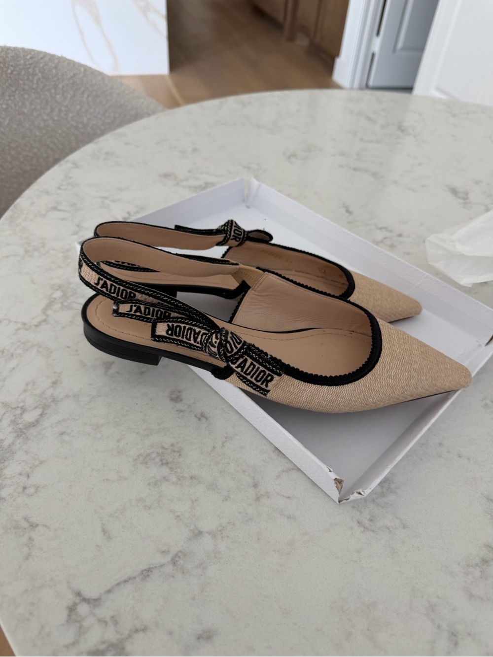Dior Beige Pointed Raffia Slingback Flats with Black Trimnp